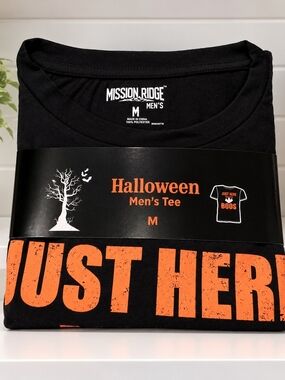 Mission Ridge Men’s Black Halloween Tee - 'Just Here' Orange Graphic